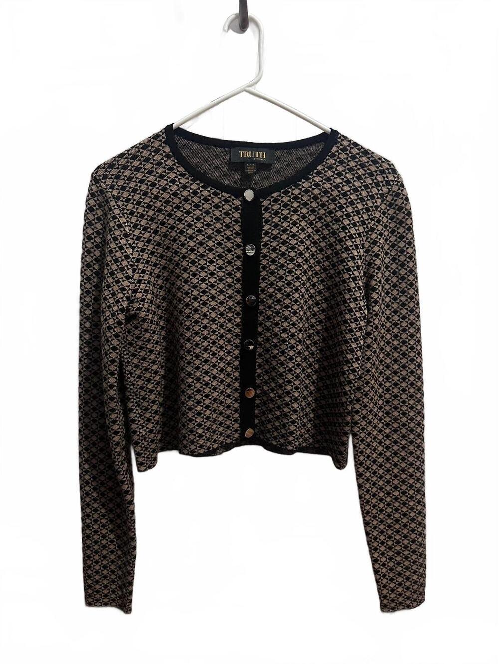Truth by Republic Cropped Geometric Diamond Jacquard Knit Cardigan Sweater, XS